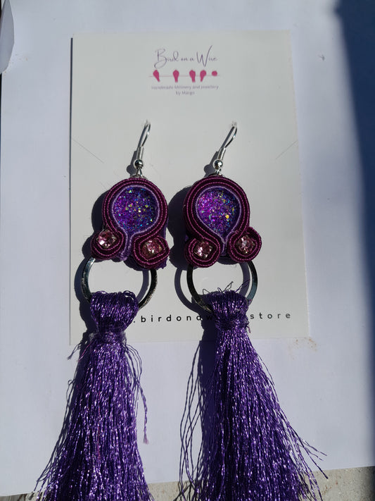 Purple soutache tassel earrings