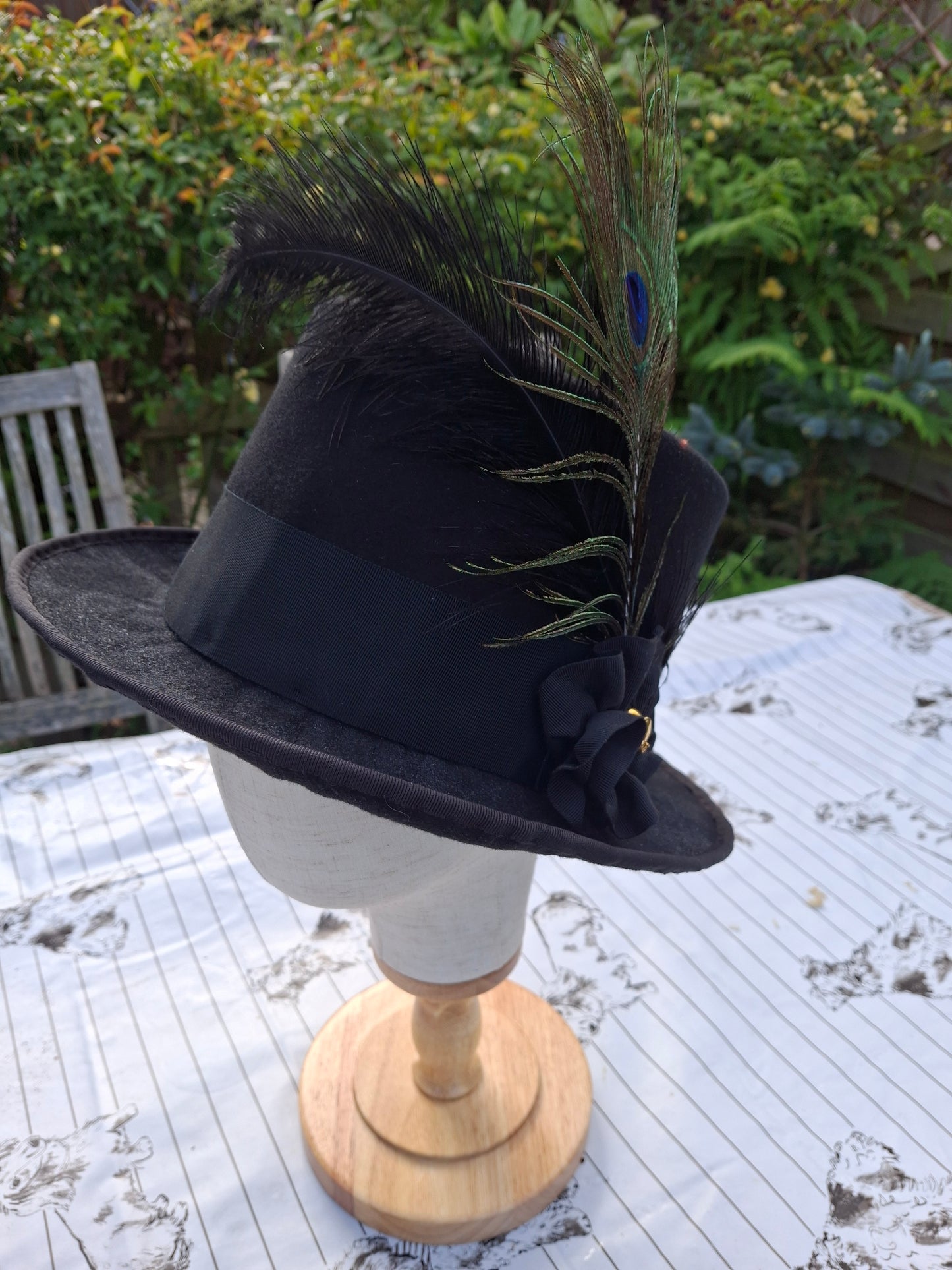 Black Felt Top Hat with peacock feather