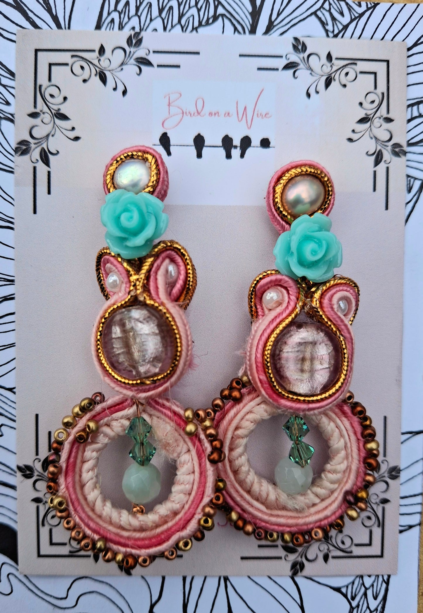 Marie Antoinette pink turquoise soutache earrings
