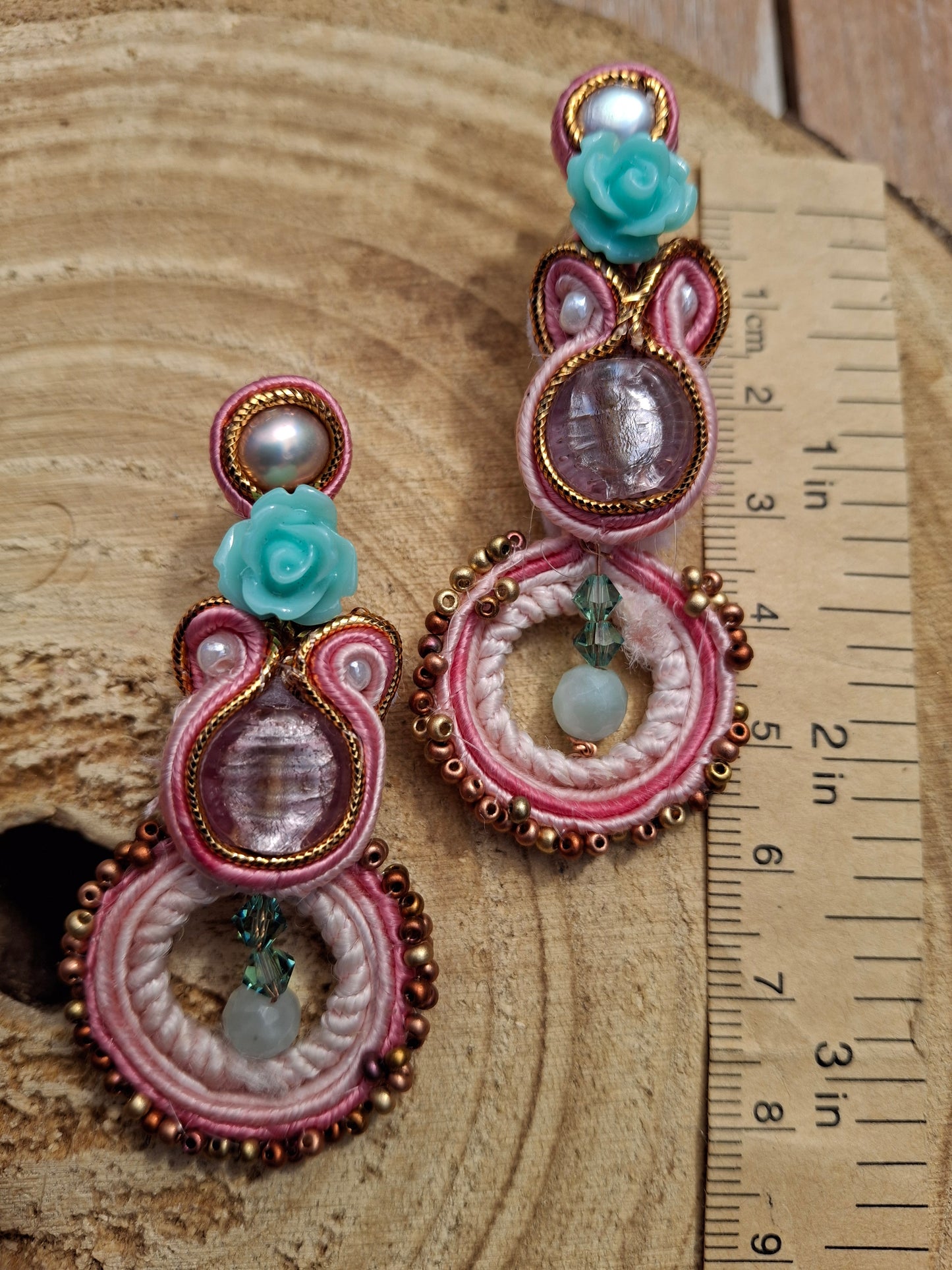 Marie Antoinette pink turquoise soutache earrings