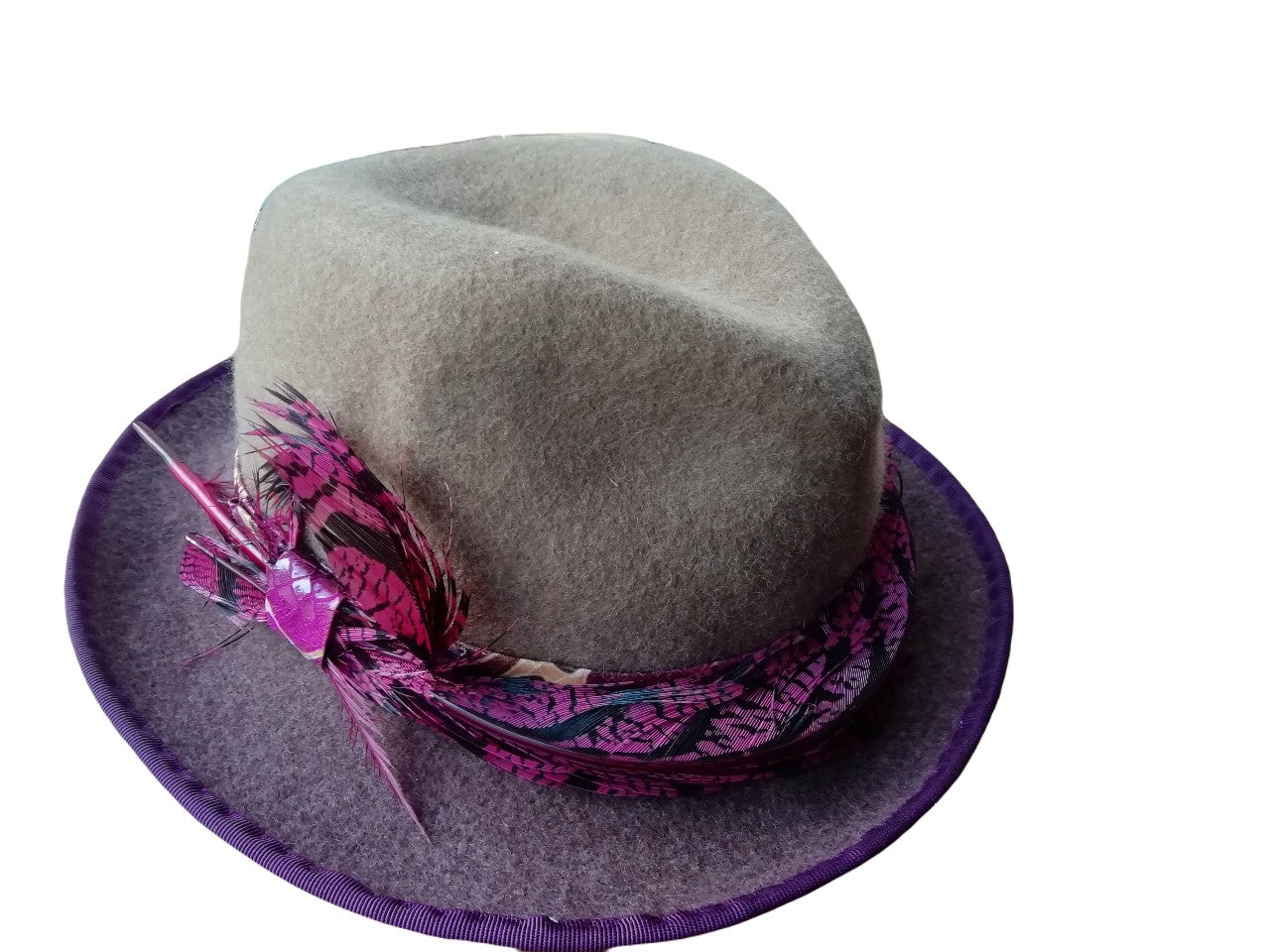 Ladies brown felt trilby hat with purple pheasant feather trim