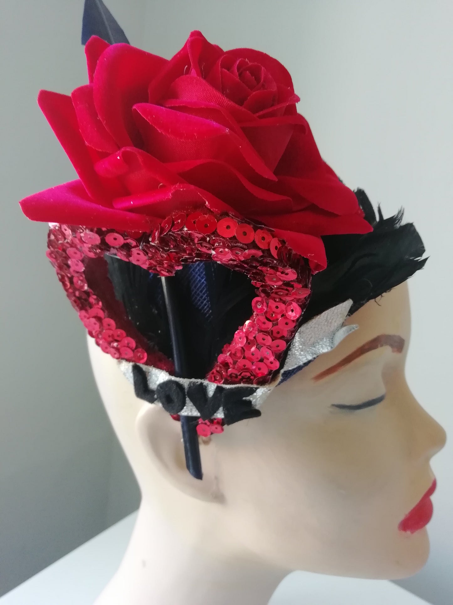 Ladies navy sinamay small hat with red rose and sequin loveheart