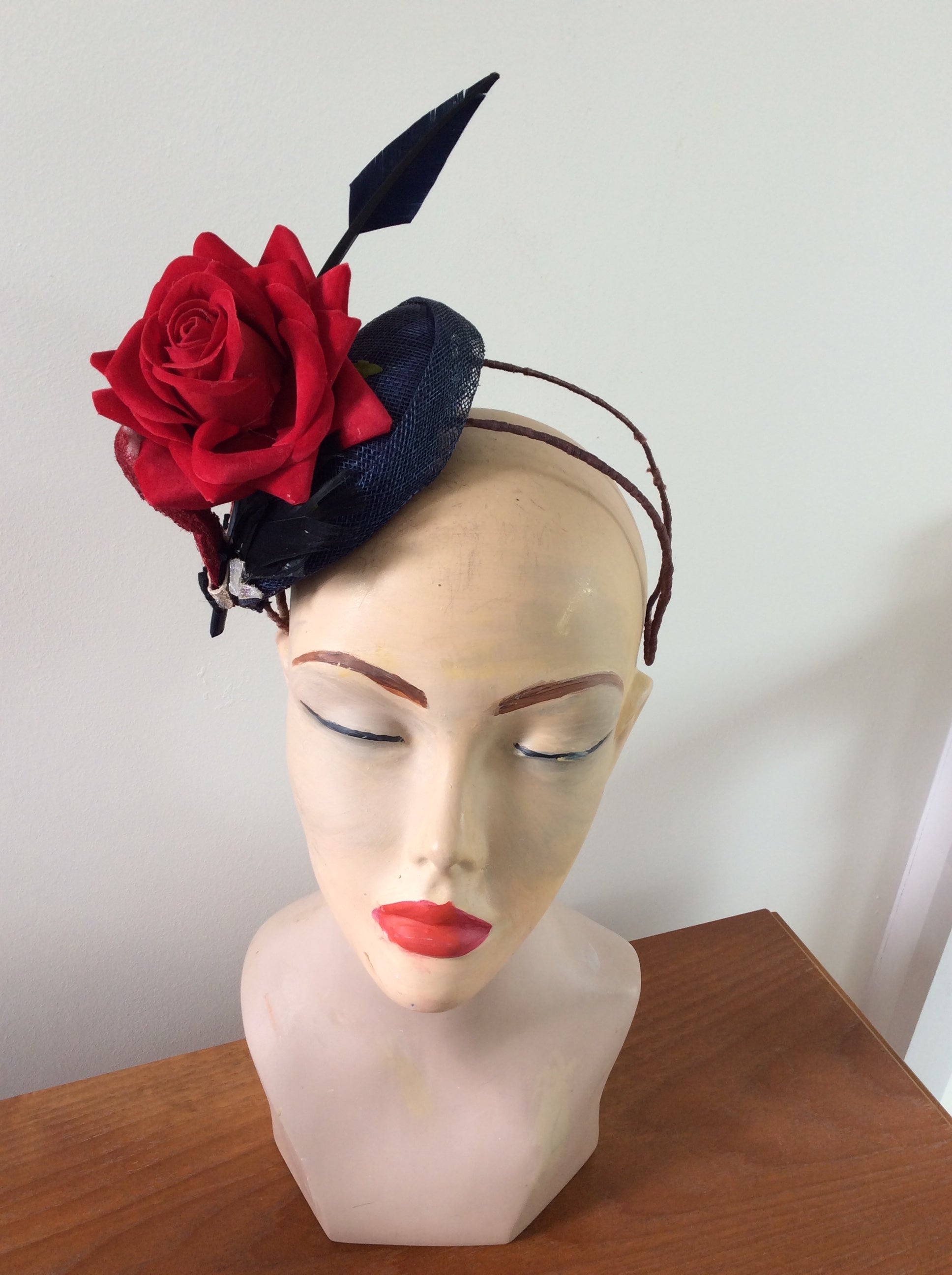Ladies Wedding navy sinamay small hat with red ro and red sequin heart