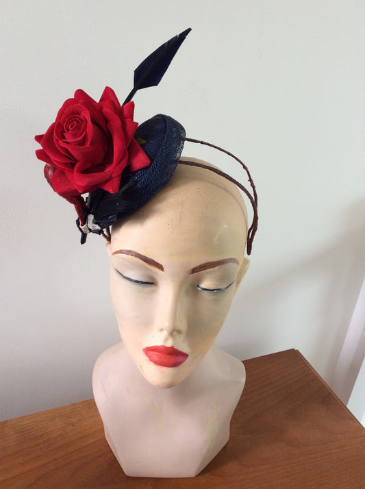 Ladies Wedding navy sinamay small hat with red ro and red sequin heart