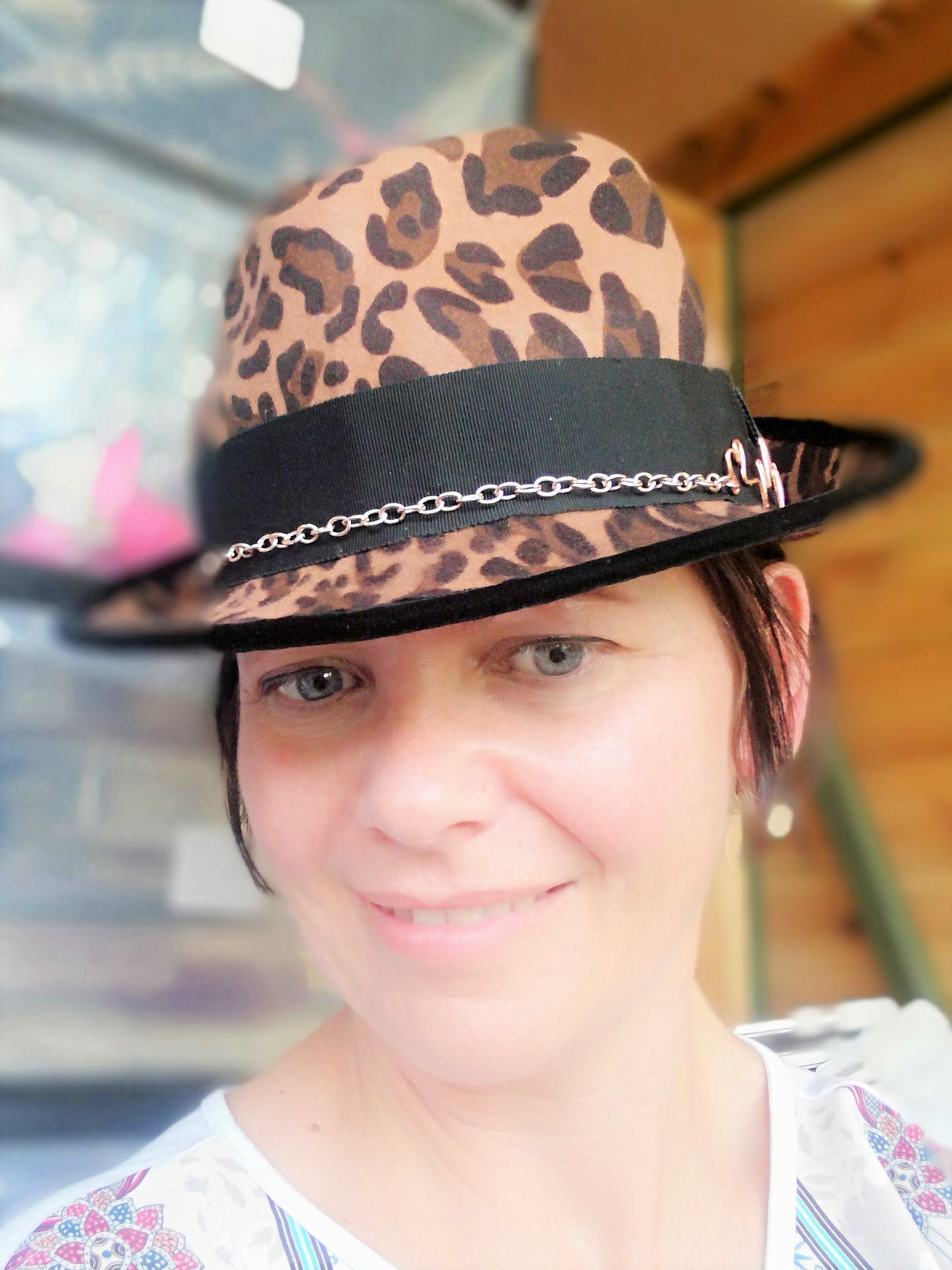 Ladies leopard print wool felt trilby with copper wire band