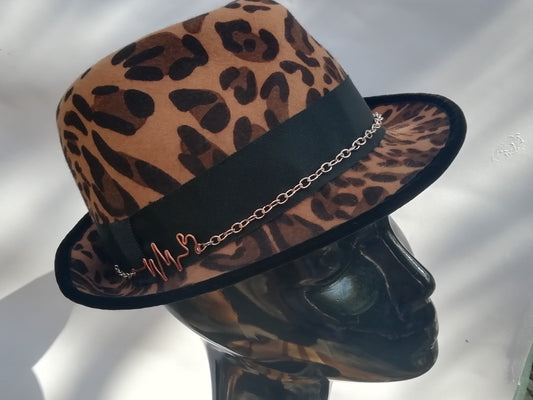 Ladies Leopard print wool felt trilby with copper wire band