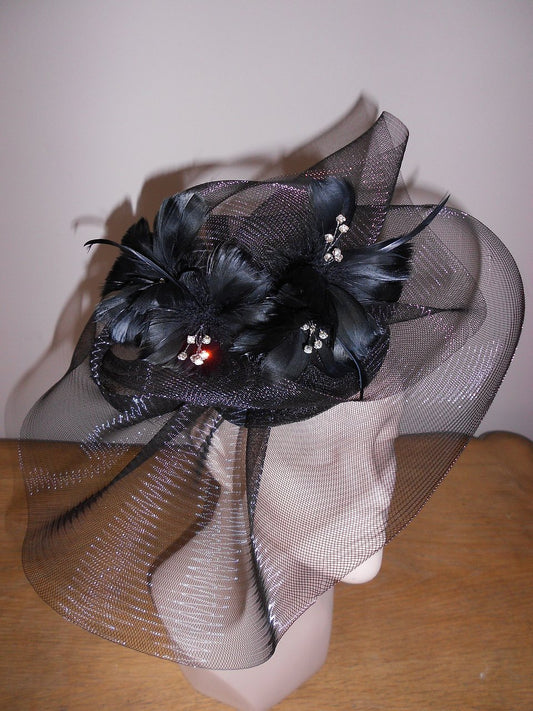Black crin fascinator with diamante black feather flowers