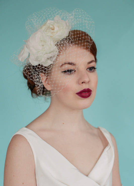 Ivory Bridal birdcage veil with ivory fabric flowers and birdcage veil