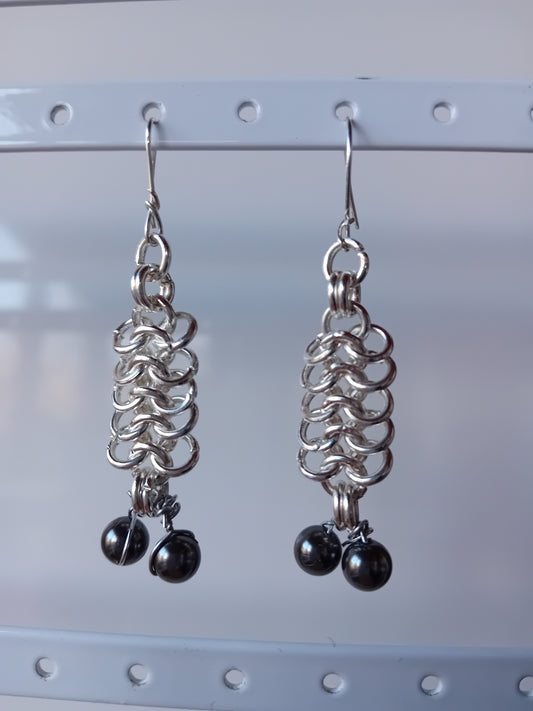 Silver plated earrings with gunmetal glass pearls