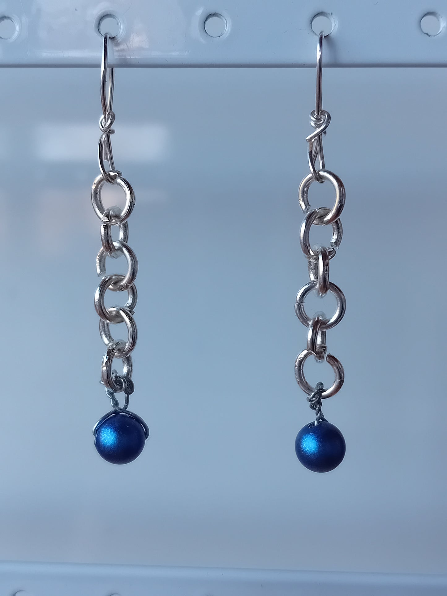 Silver plated chain earrings with blue glass pearl