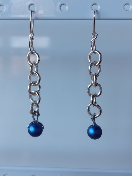 Silver plated chain earrings with blue glass pearl