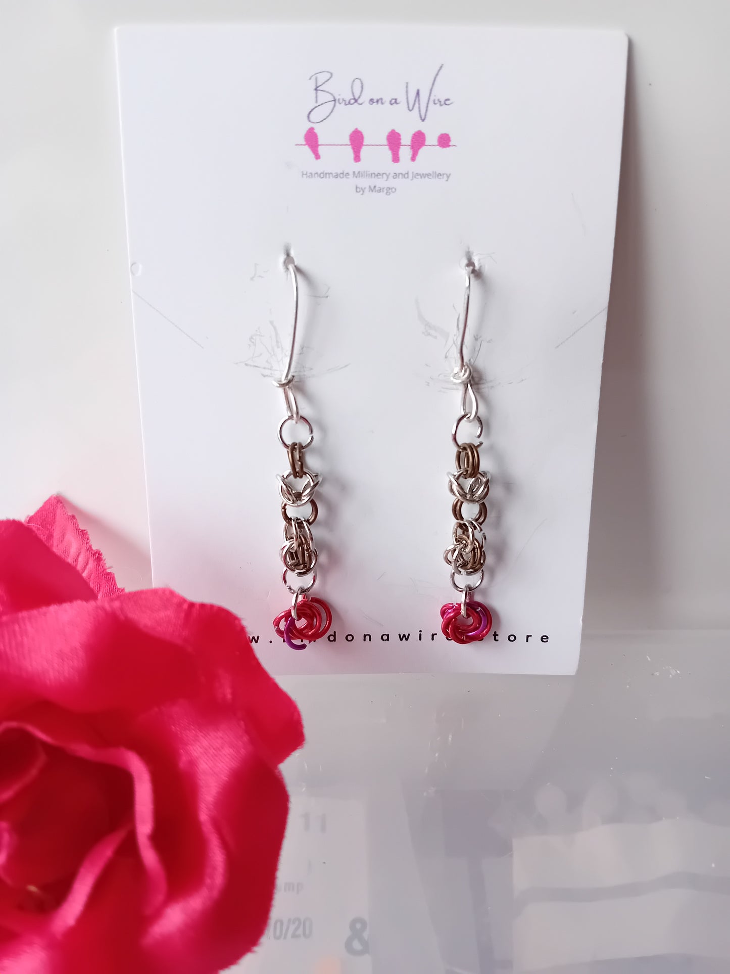 Red rose chainmail earrings