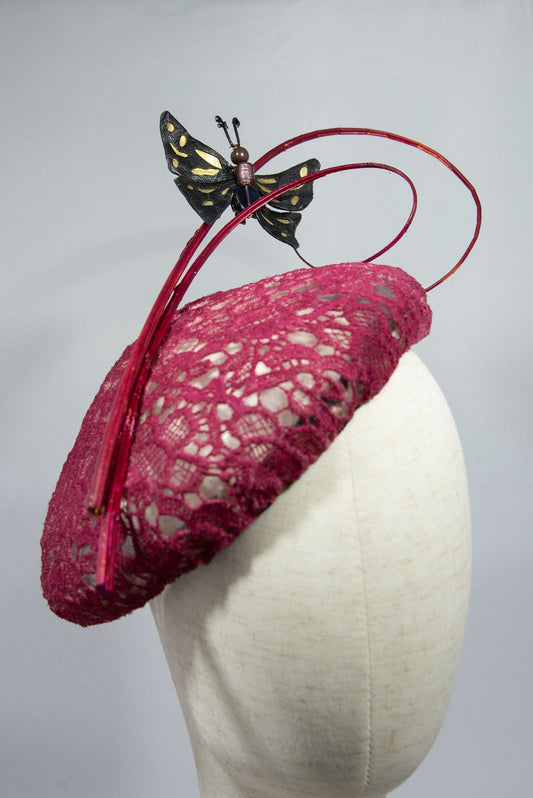 Cerise lace side beret with buttefly