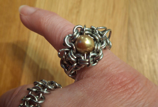 Chainmail stainless steel ring with gold bead