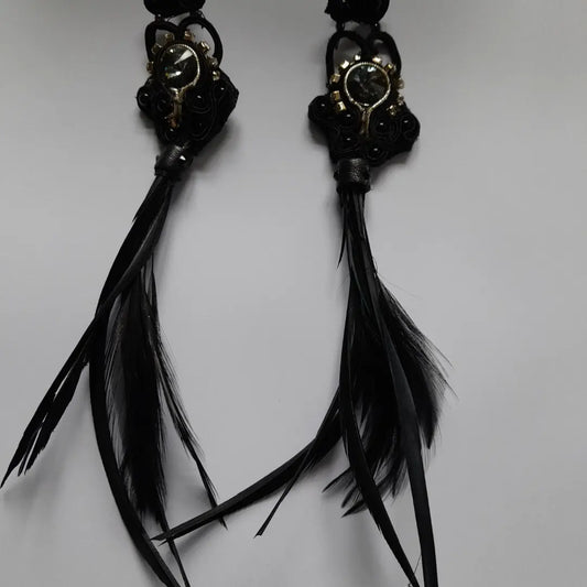 Black gothic style Soutache earrings with feathers