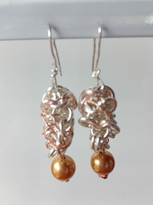 Birdsnest Chainmail ball and copper wire earrings