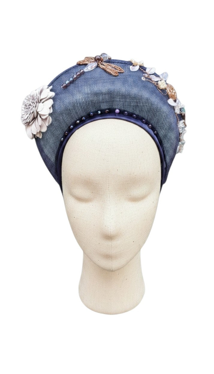 Navy sinamay halo hair band with copper  wire garden trim