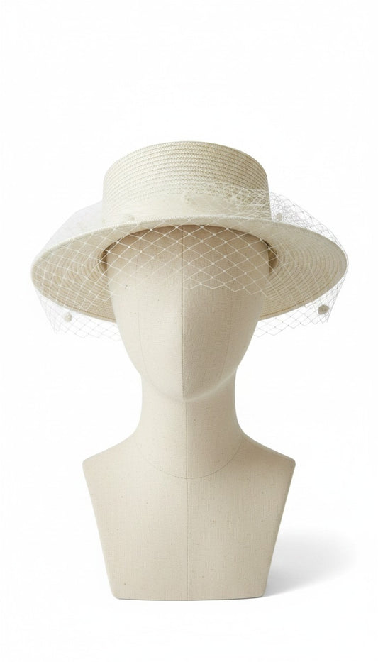 Straw boater with veiling