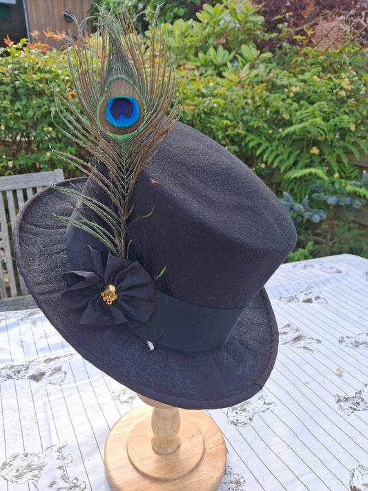 Black Felt Top Hat with peacock feather