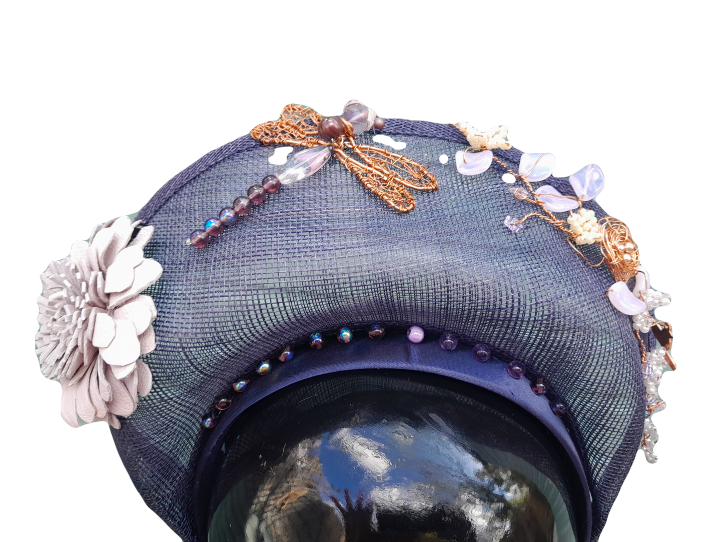 Navy sinamay halo hair band with copper  wire garden trim