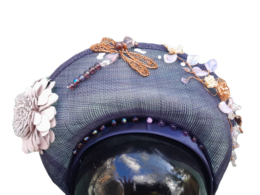 Navy sinamay halo hair band with copper  wire garden trim