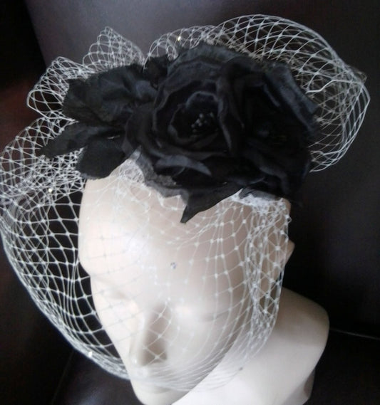  Bridal Black fabric roses with ivory birdcage veil