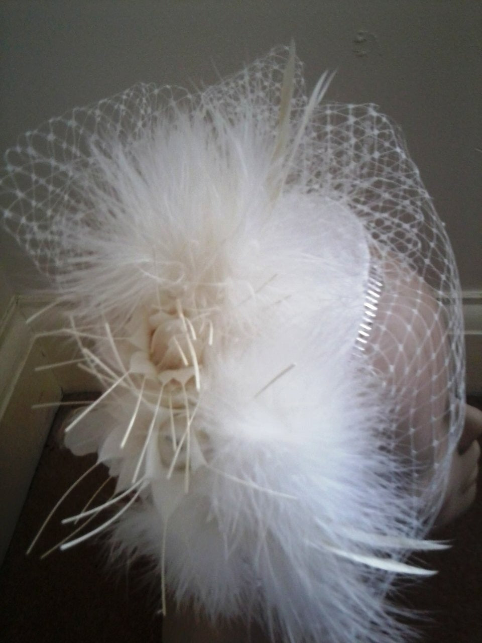 Ivory bridal marabou birdcage veil on comb