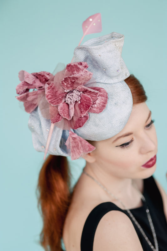 Silver straw mini beret with pink velvet rose