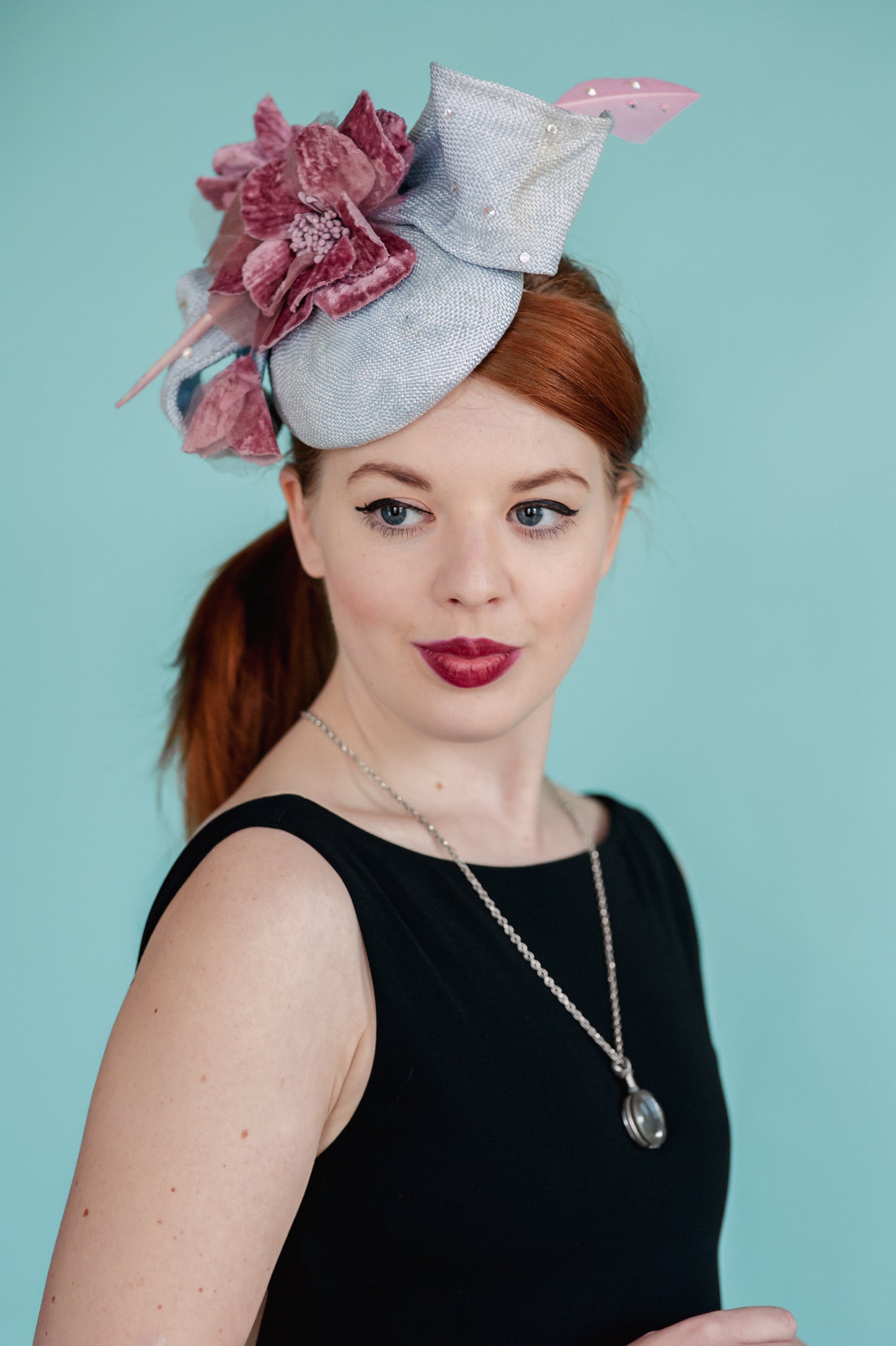 Silver straw mini beret with pink velvet rose