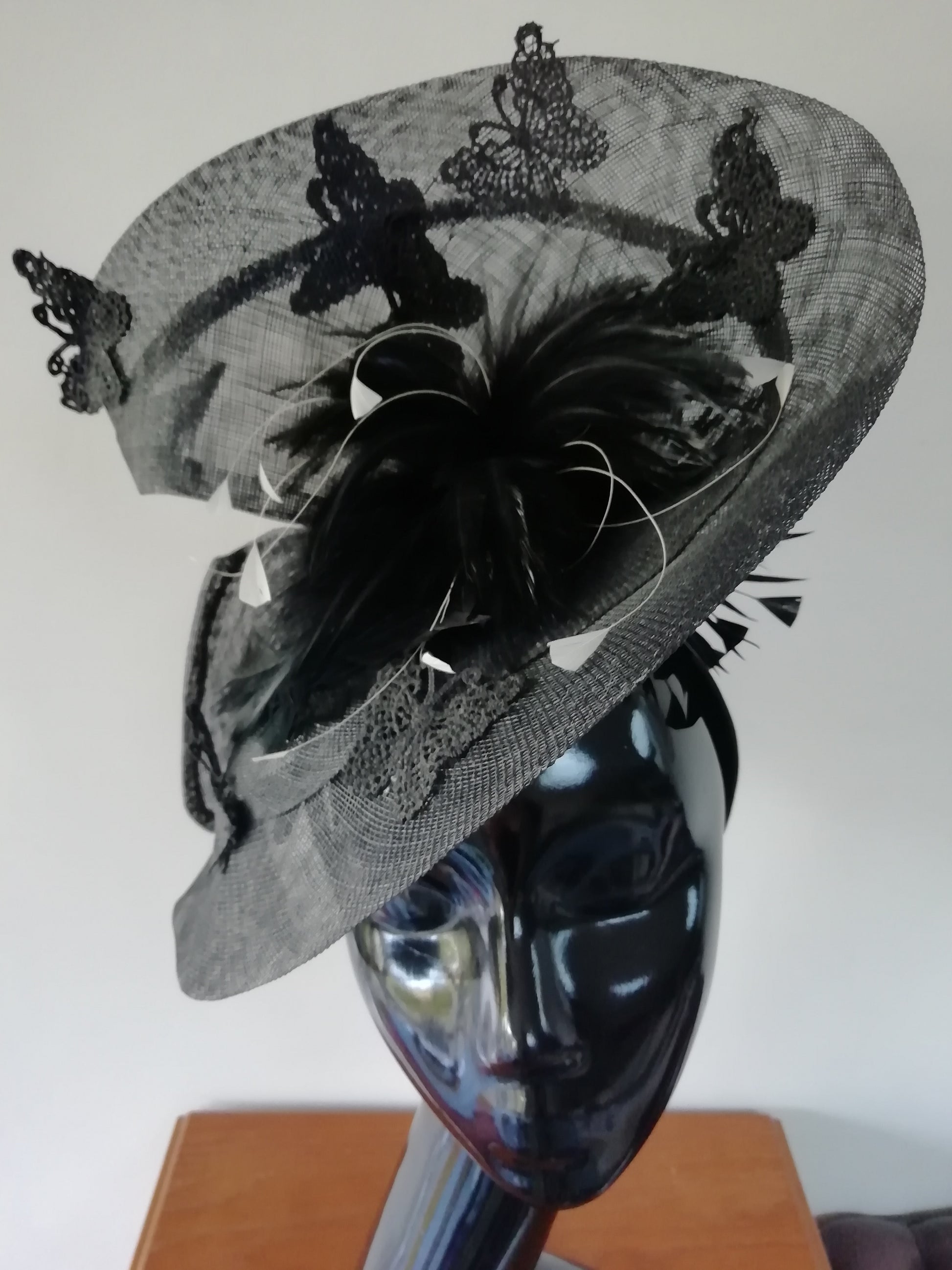 Black Sinamay fascinator with black lace butterflies