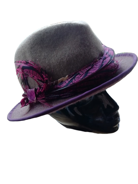 Ladies wool felt trilby hat with purple pheasant feather trm