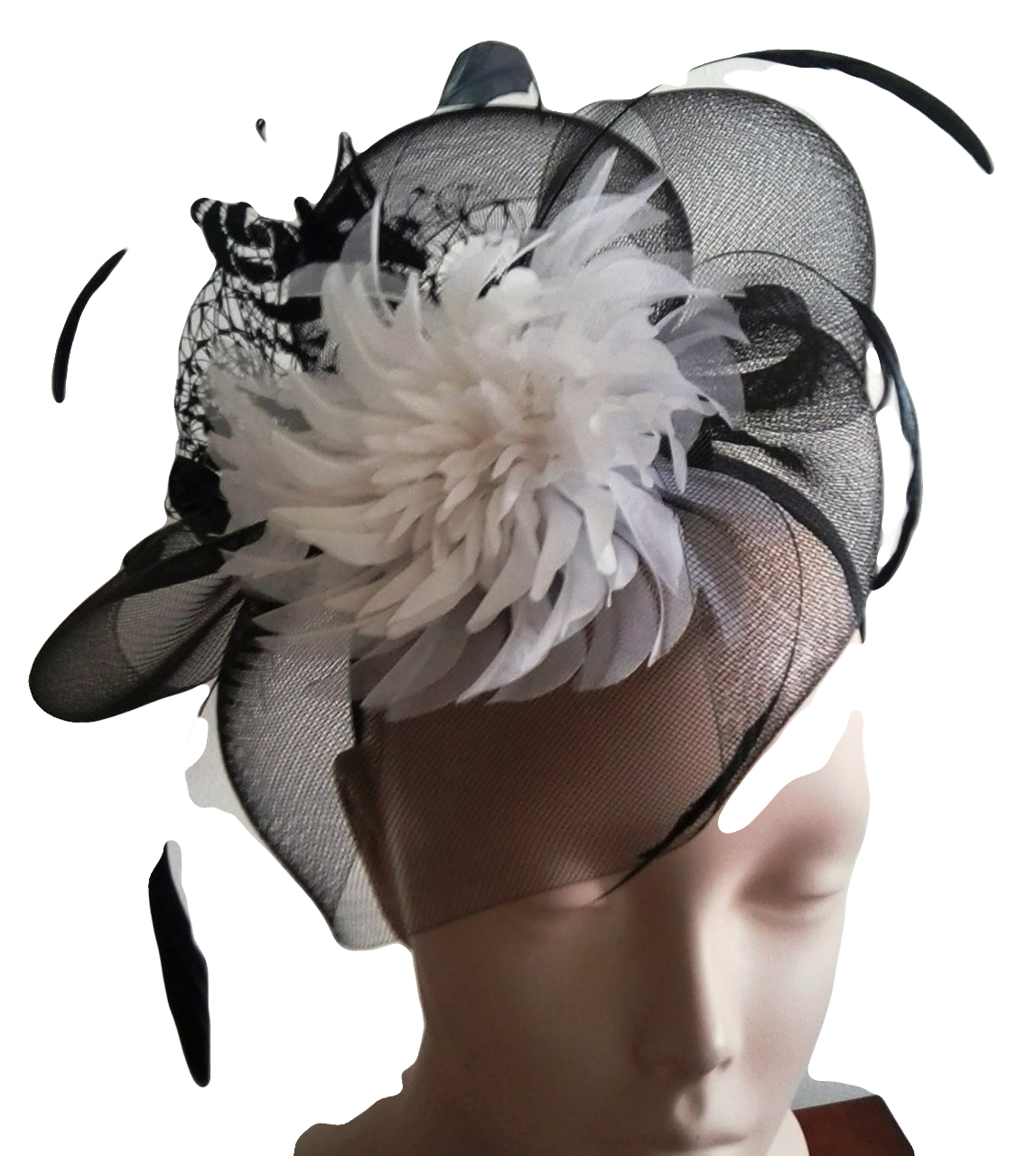 Black and Ivory crin fascinator with ivory feather flower