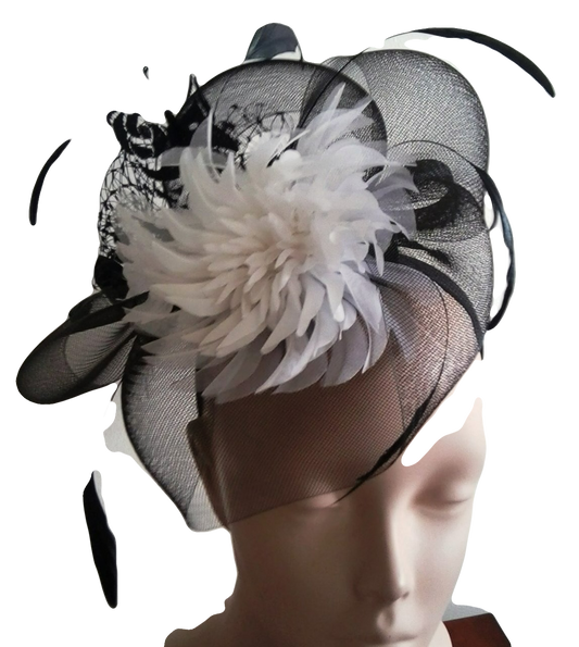 Black and Ivory crin fascinator with ivory feather flower