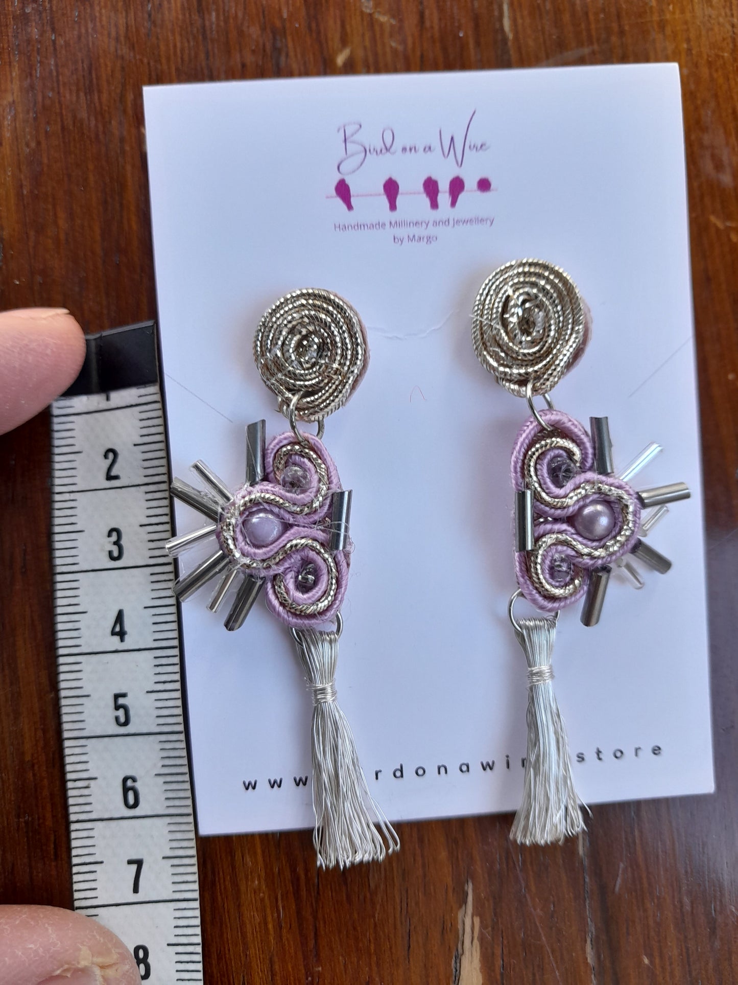 Silver metallic textile  soutache tassel earrings