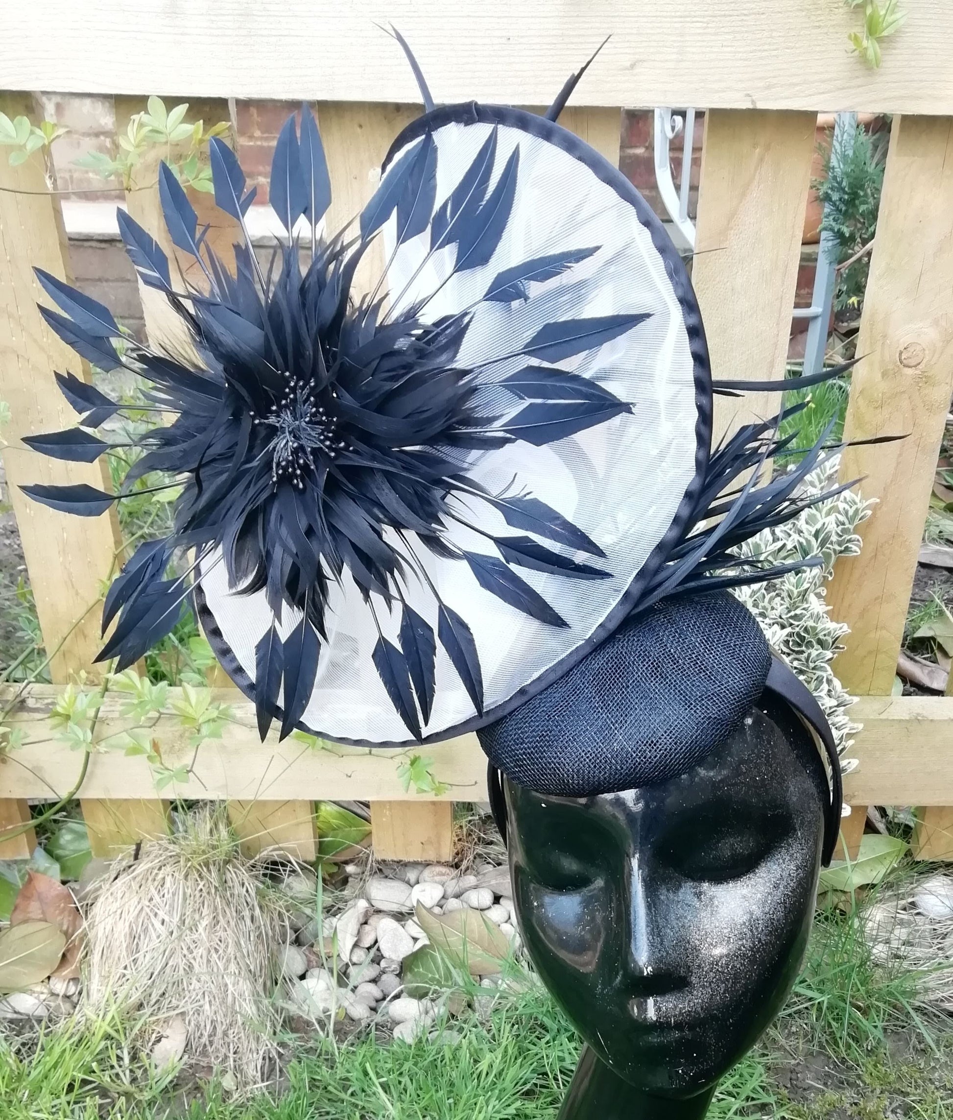 Black and Ivory mini beret Ascot hat with feather starburst