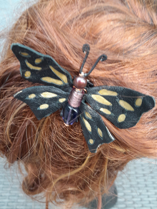 Black leather beaded hairclip one size with gold gilding