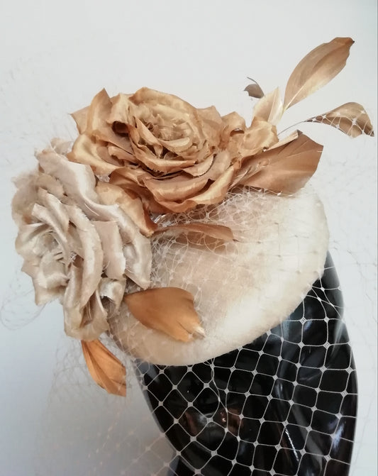 Gold silk pillbox with gold roses and feathers Mother of the Bride hat