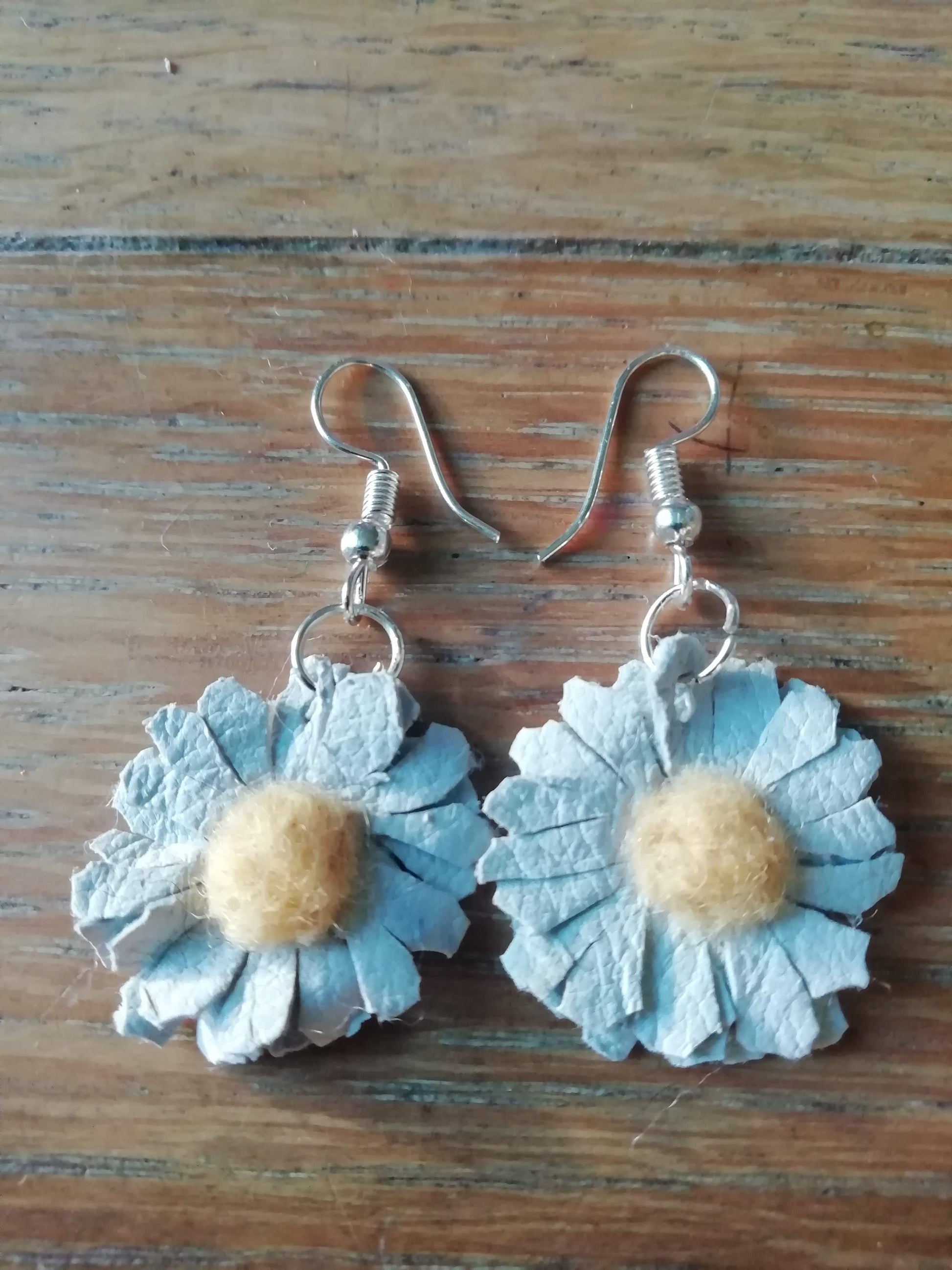 Leather daisy flower earrings silver plated earwires