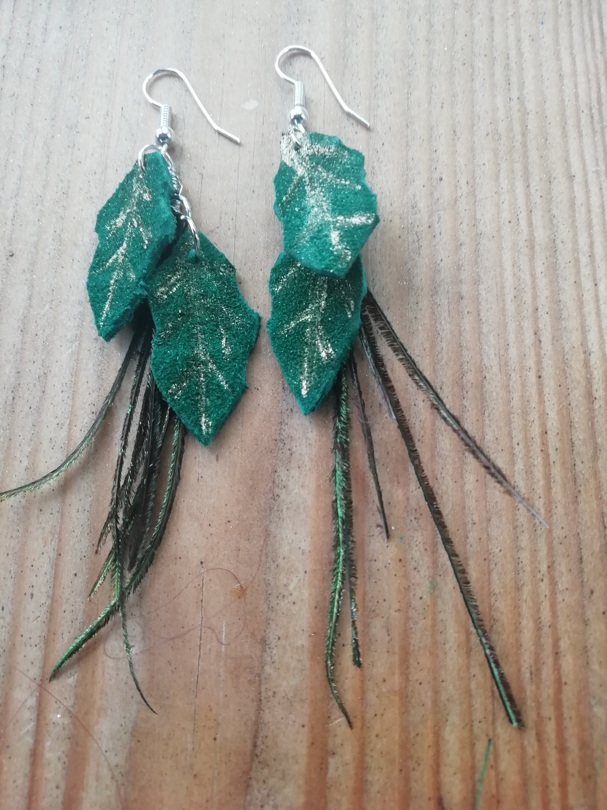 Green leather leaves with peacock feather earrings silver plated earwires