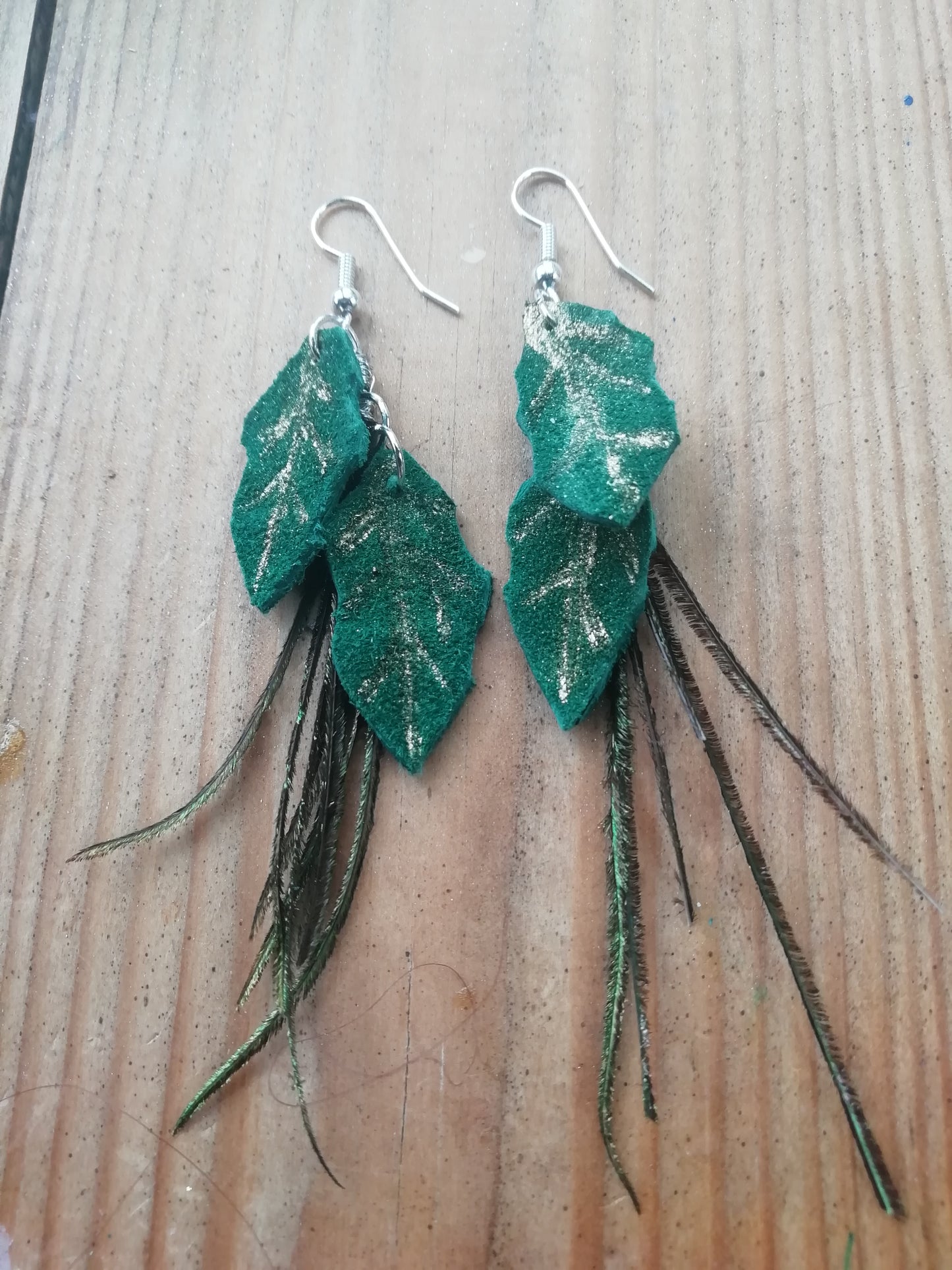 Green leather peacock feather drop earrings silver plate earwires