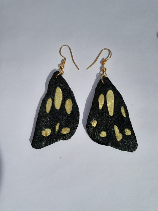 Black leather wing shaped drop earrings with copper earwires