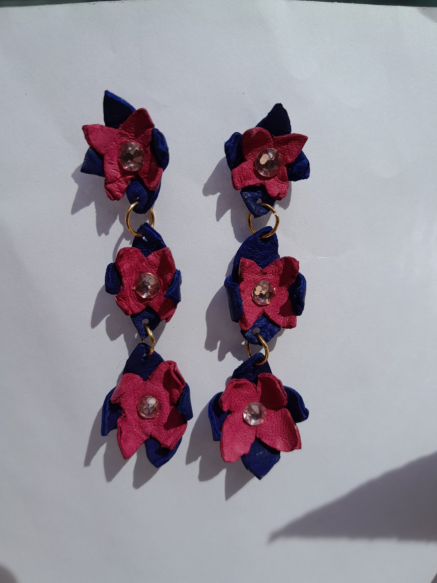 Leather flower earrings handmade with Austrian crystal centres