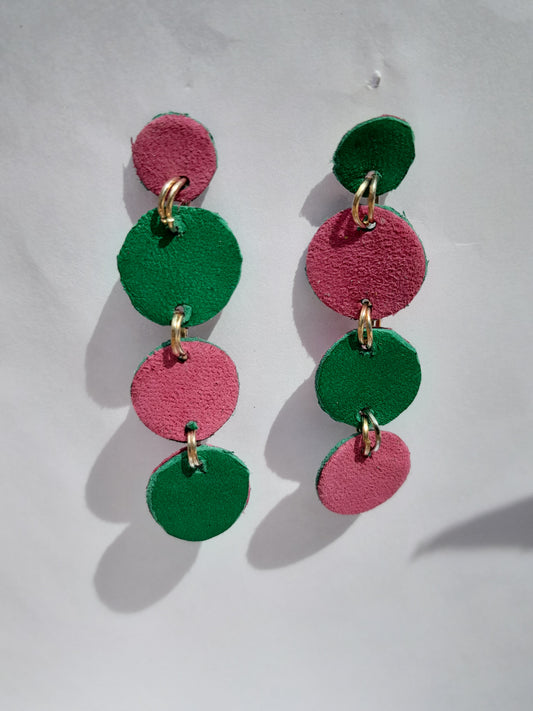 Pink Green leather circle drop earrings