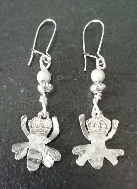 Queen Bee upcycled threepence coin earrings