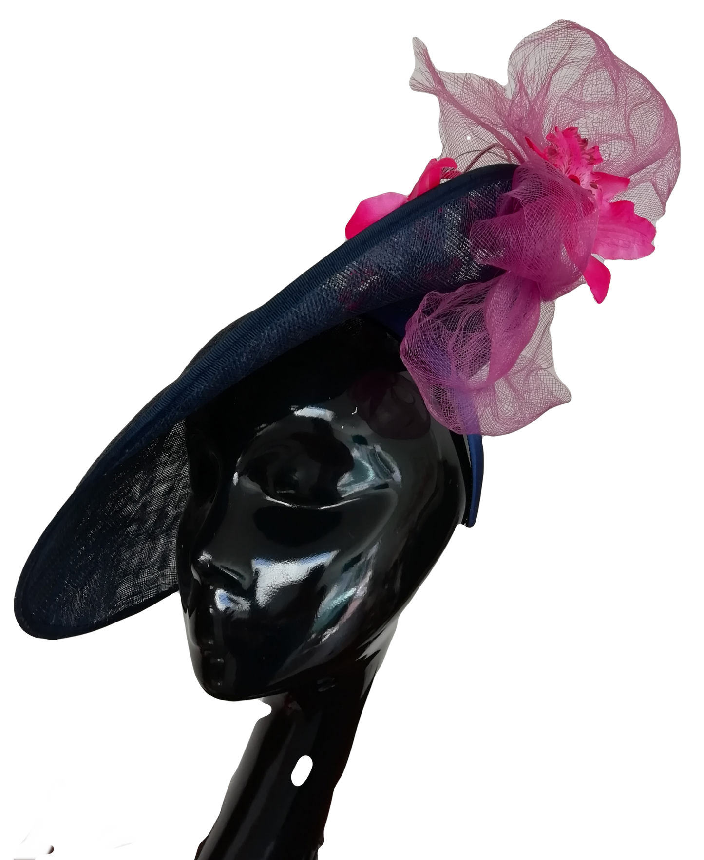 Ladies large navy sinamay saucer Wedding Ascot hat with pink orchids and crin