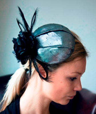 Ladies silver metallic small hat with black lace flower and black feathers